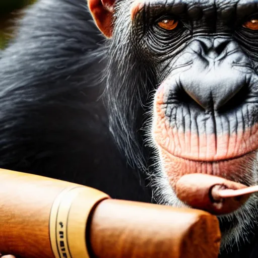 Image similar to a high detail closeup shot of a chimp wearing a suit and smoking a cigar