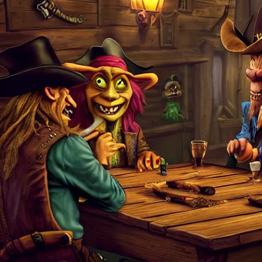 Prompt: a goblin with a large nose and a pirate with a bandana negotiating a contract with Jared Leto in a Western saloon. Realism