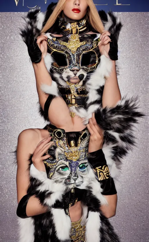 Image similar to a costume exclusively designed by versace for furry catgirls, luxury, expensive, high fashion magazine cover, furry, photo portrait, symmetry, awesome exposition, very detailed, highly accurate, professional lighting diffracted lightrays, 8 k, sense of awe