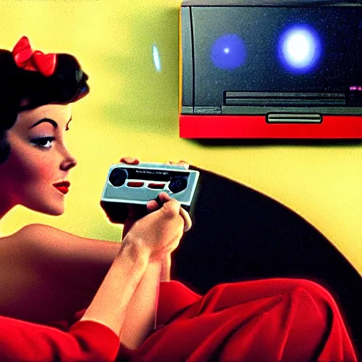 Prompt: a still of a pin up girl playing with an NES controller, in the movie 2001 A Space Odyssey, cinematic lighting, 4k HDR