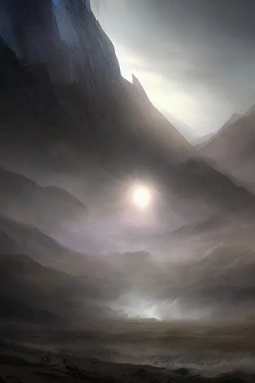 Image similar to concept art, matte painting, dark epic sci fi landscape dawn mist halo, by dawe gabriel and dean roger