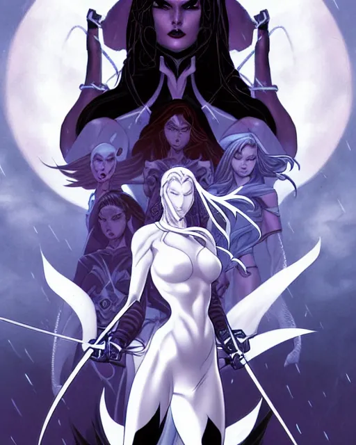 Image similar to fantasy comic cover art of female antihero wearing all white fighting off a gang of grim reapers, detailed faces, illustration by jenny frison and sana takeda and kenichi sonoda, intricate details, stunning inking lines, stunning gradient colors, 4 k, hd, artstation, award winning