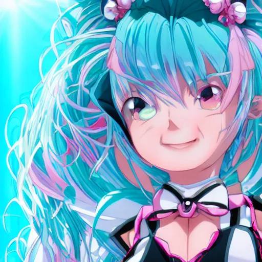 Image similar to stunningly beautiful omnipotent megalomaniacal anime goddess who looks like junko enoshima with porcelain skin, pink twintail hair and mesmerizing cyan eyes, symmetrical perfect face smiling in a twisted, mischievous, devious and haughty way while looking down upon the viewer, mid view, hyperdetailed, 2 d, 8 k