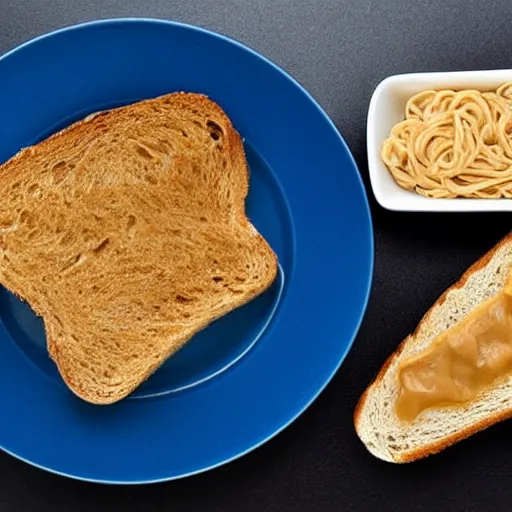 Prompt: tabby cat with nice eyes sitting next to a slice of peanut butter toast with indomie mi goreng noodles on top