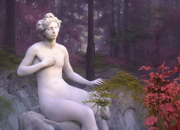 Image similar to a portrait of idealistic marble statue with fractal flowery hair and white fair porcelain face, in a magical forest, matte painting, painted by, mc escher, gordon onslow ford, georgia o'keeffe and ivan aivazovsky, cinematic light, god rays, colourful, unreal engine, zbrush central,