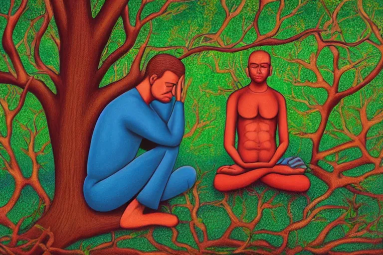 Image similar to painting of a depressed man meditating under a tree by alex grey, acrylic art, sad, soothing, somber, elegant, soft light,