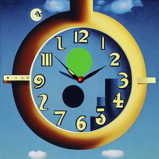 Prompt: synchronicity clock illustration detailed surrealism rene magritte