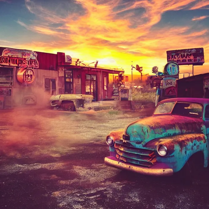 Image similar to a sunset light landscape with historical route 6 6, lots of sparkling details and sun ray ’ s, blinding backlight, smoke, volumetric lighting, colorful, octane, 3 5 mm, abandoned gas station, old rusty pickup - truck, beautiful epic colored reflections, very colorful heavenly, softlight