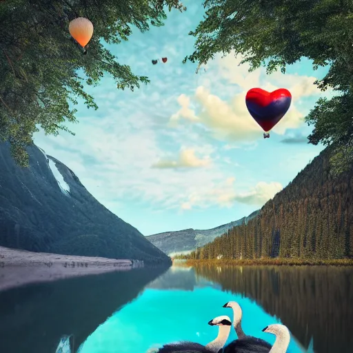 Image similar to photo of two black swans swimming in a beautiful reflective mountain lake, touching heads, forming a heart with their necks, a colorful hot air balloon is flying above the swans, hot air balloon, intricate, portrait, 8k highly professionally detailed, HDR, CGsociety, octane render, 4k