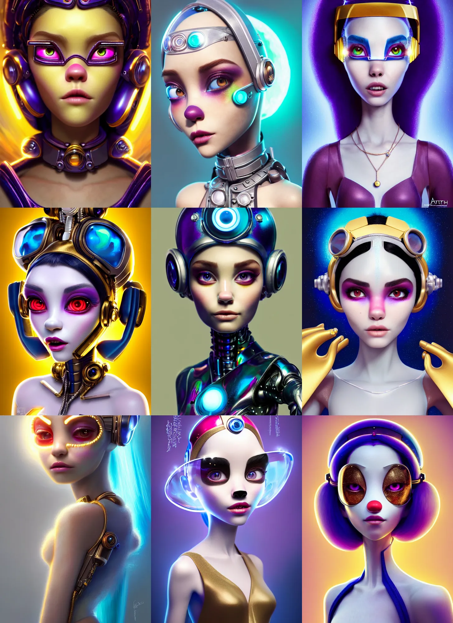 Prompt: pixar portrait 8 k photo, beautiful white avatar space cream clowncore madison beer cyborg woman, golden ratio jewelry candy, sci - fi, fantasy, cyberpunk, intricate, visor, elegant, highly detailed, digital painting, ever after high, octane render, artstation, concept art, smooth, sharp focus, illustration, art by artgerm, loish, wlop