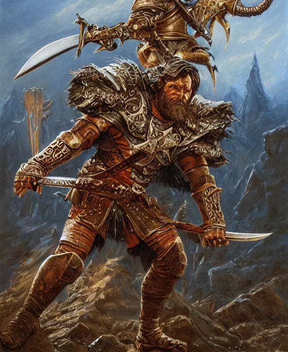 Image similar to battle - worn warrior with legendary sword, fantasy, man, cool armour, intricate, highly detailed, digital painting, artstation, concept art, wallpaper, smooth, sharp focus, illustration, art by larry elmore, jeff easley, clyde waldwell, keith parkinson, daniel r horne