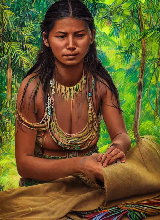 Image similar to a beautiful painting of a young indigenous female crafting a fabric in the jungle, realistic face, ayahuasca, fantasy art style, matte painting, highly detailed