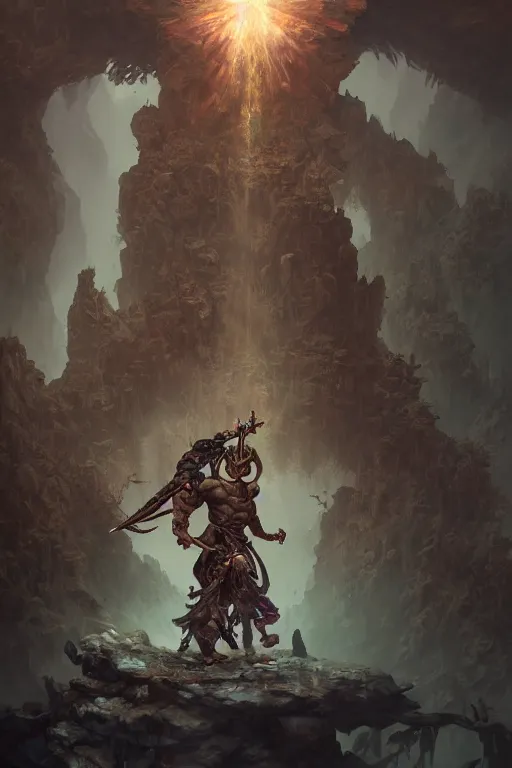 Prompt: a photographic portrait of The Ultimate Warrior, carrying swords on his back, standing under a beam of light, a dark cave, intricate, elegant, highly detailed, ornate, beautifully lit, ray traced, octane render, in the style of Peter Mohrbacher and Peter Gric