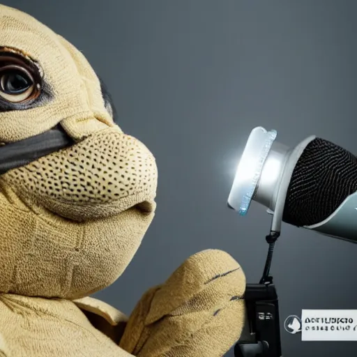 Image similar to a antropomorphic turtle making voice over in professional studio. Studio lighting f 1.2