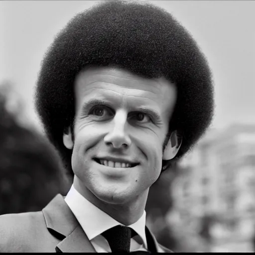 Prompt: macron with afro hair, 70s style fashion