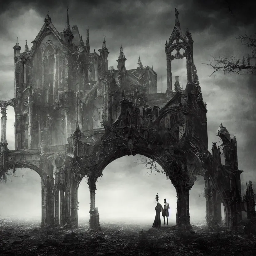 Image similar to A Gothic couple of jewels in an empty land, dark romance, dark and mysterious, atmospheric, ominous, eerie, cinematic, Epic, 8k, 4k, ultra detail, ultra realistic, rendered by awesomeness