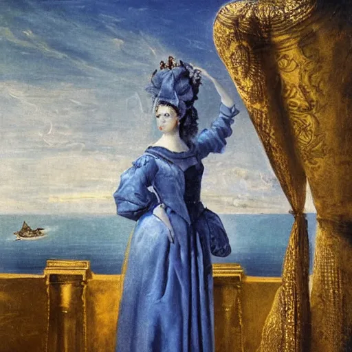 Image similar to Marie Antoinette levitating over the sea. El Greco, Remedios Varo, Salvador Dali, Carl Gustav Carus, John Atkinson Grimshaw. Blue tint. Symetrical, logo, geometric shapes.