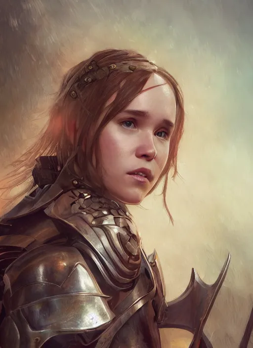 Image similar to portrait of ellen page as a legendary knight warrior, au naturel, hyper detailed, digital art, trending in artstation, cinematic lighting, studio quality, smooth render, unreal engine 5 rendered, octane rendered, art style by klimt and nixeu and ian sprigger and wlop and krenz cushart.