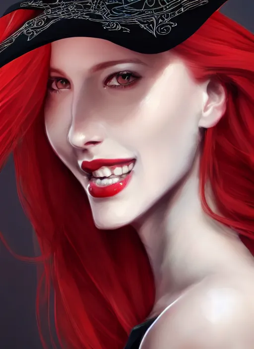 Prompt: a highly detailed illustration of tall beautiful red haired lady wearing black noir dress and black sun hat, dramatic smile pose, perfect face, perfect body, perfect eyes, intricate, elegant, highly detailed, centered, digital painting, artstation, concept art, smooth, sharp focus, league of legends concept art, wlop.