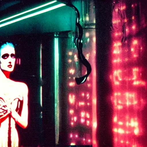 Image similar to cinematic portrait of bride of frankenstein as a replicant in a busy nightclub, frightened and angry, still from the movie bladerunner, fashion photography, a neon sign is in the background