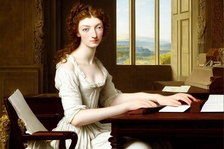 Image similar to 1 8 1 0 s eleanor tomlinson at her desk by vittorio reggianini, bright lighting, perfectly detailed eyes, beautiful hands, pale skin, clear face