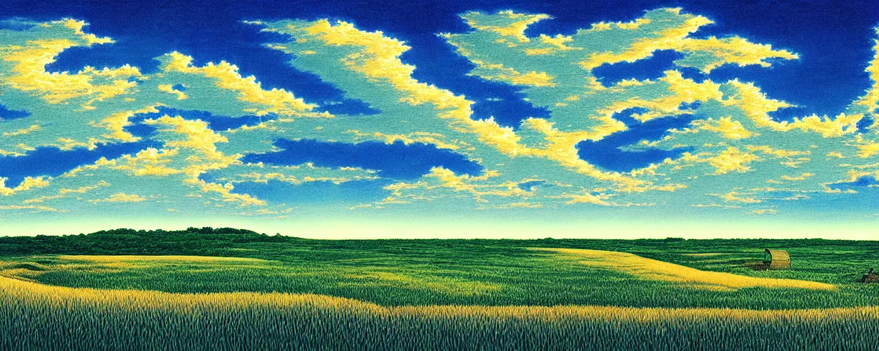 Image similar to illustrated kansas landscape and sky, intricate, beautiful, serene, majestic, detailed, ultra, mega, super, visable sounds waves