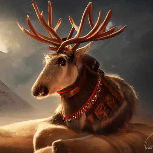 Prompt: A small reindeer king sitting on a throne in Egypt, highly detailed portrait, scifi, digital painting, artstation, concept art, smooth, sharp foccus ilustration, Artstation HQ