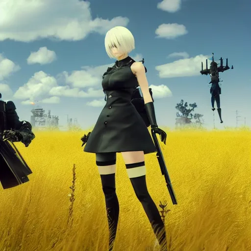 Image similar to a very high resolution image from nier : automata, featuring 9 s android fighting russian spetznaz in yellow rye field under pure blue skies