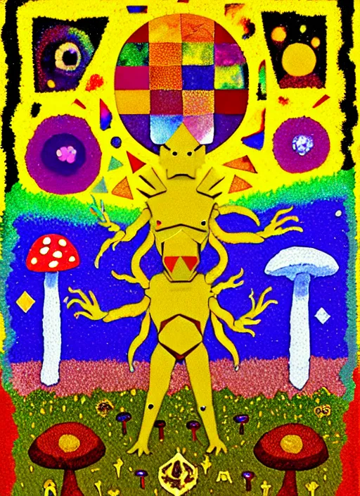 Image similar to pixel decollage painting tarot sun card composition golden armor alien zombie horseman riding on a crystal bone dragon broken rainbow diamond maggot horse in a blossoming meadow full of colorful mushrooms and golden foil toad blobs in a golden sunset, distant forest horizon, painted by mark rothko, helen frankenthaler, danny fox and hilma af klint, pixelated