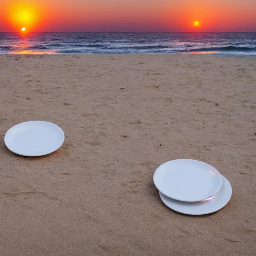 Image similar to professional photo of empty white dish in the middle over a table with a sunset on the beach in the background