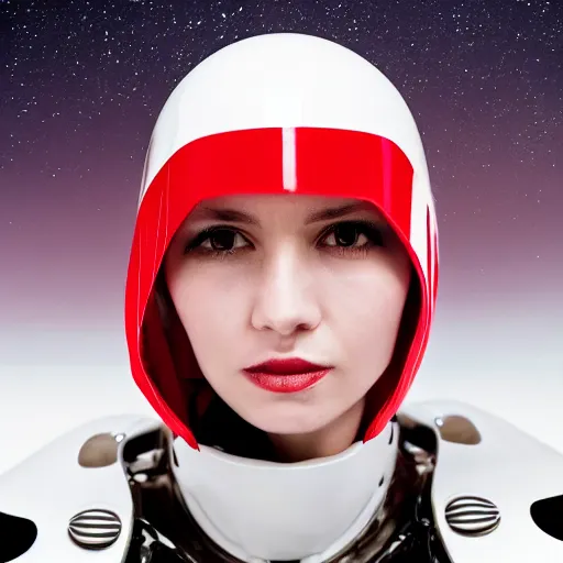 Image similar to headshot of a beautiful female soldier, no makeup, in glossy sleek white armor and a long red cape, looking up at camera, determined expression, no helmet, on the surface of mars, cinematic, sci-fi, hyperrealistic, detailed