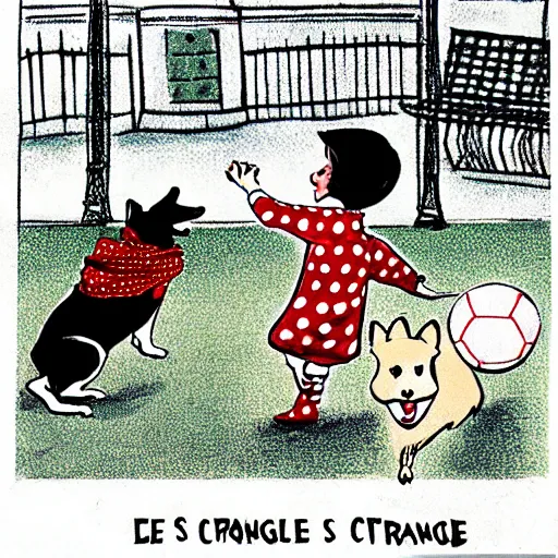 Image similar to illustration of french boy on the streets of paris playing football against a corgi, the dog is wearing a polka dot scarf, comic, 1 9 7 2