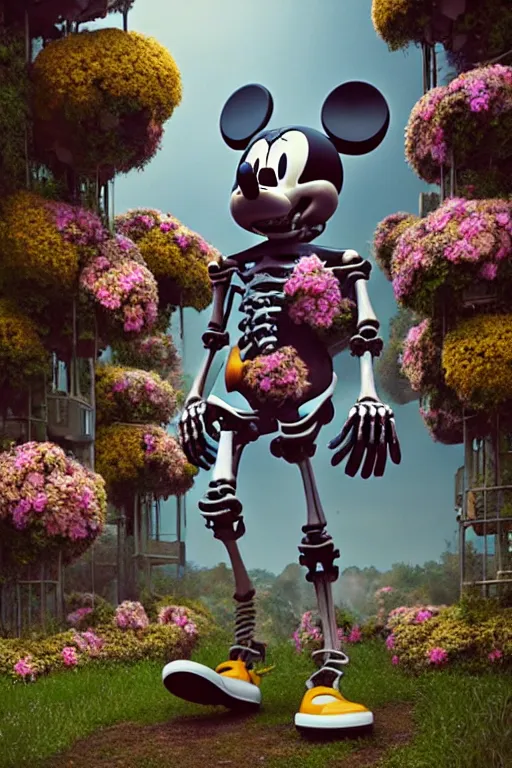 Image similar to a skeletal, mickey mouse made out of flowers and bones, taking a giant robot for a walk by beeple, nychos and arcimboldo, highly detailed octane render