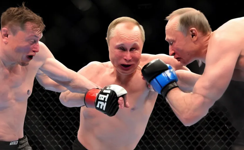 Image similar to Elon musk fighting Vladimir Putin in the MMA octagon, cinematic shot