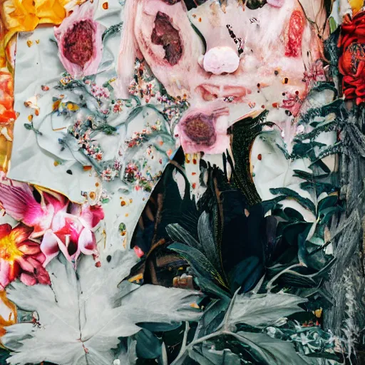 Image similar to a beautiful detailed front view portrait of a rotten woman corpse with fractal plants and fractal flowers growing around, volumetric light, beautiful lit, polaroid photography