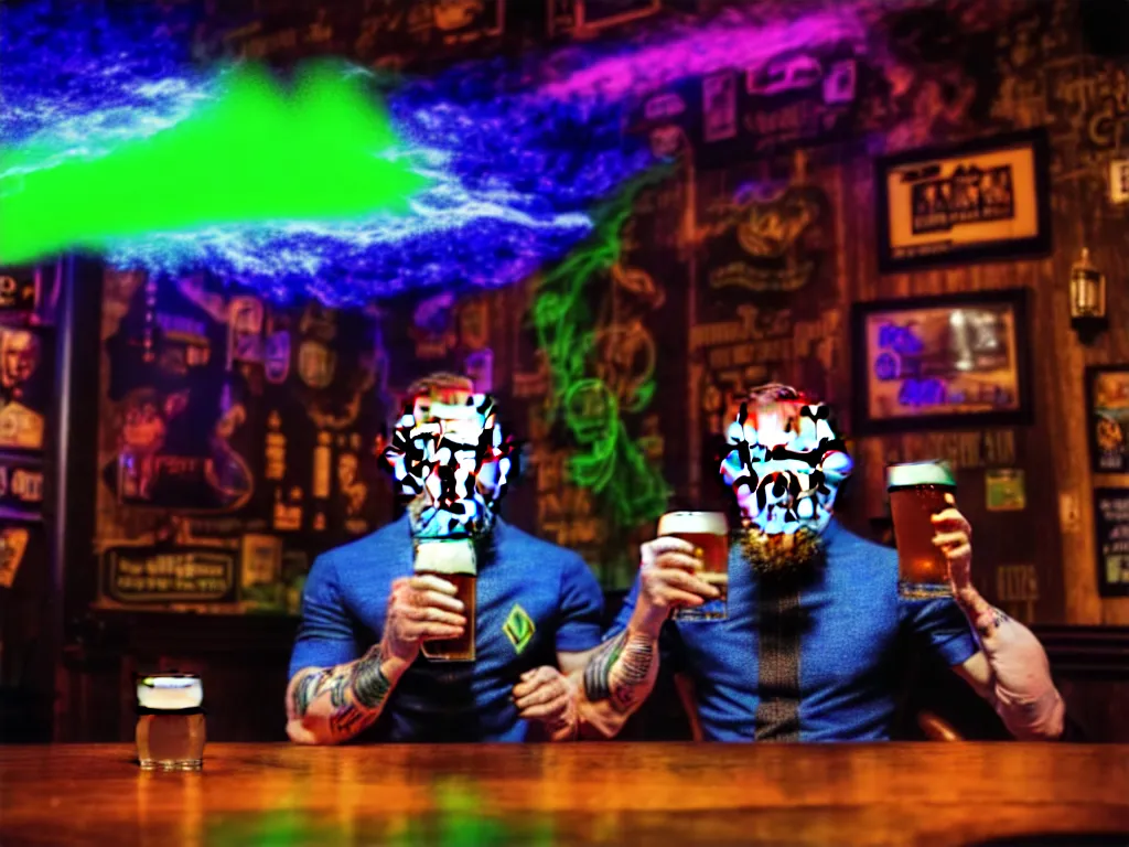 Image similar to a well framed portrait of conor mcgregor drinking a beer in an irish pub with a neon bar, laser show with blue cloud patterns, trending on art station, in the style of the movie heat with al pacino, volumetric lighting & shadows, digital art, unreal engine, 4 0 0 mm f 1. 2,