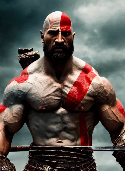 Prompt: film still, a highly detailed beautiful closeup photo of dwayne johnson kratos hybrid god of war holding a sword and fighting zombies on a pile of human skulls, spartan warrior, olympian god, muscular!,, action pose, ambient lighting, volumetric lighting, octane, fantasy