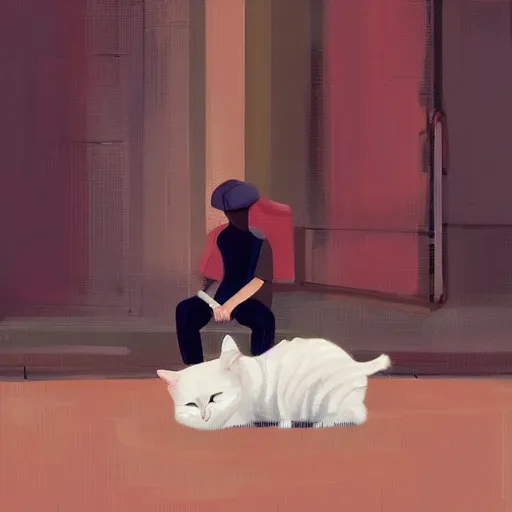 Image similar to a man and a woman sitting down with their white cat, the boy is bald with a brown baseball hat, the girl has short curly black hair, art by Alena Aenami