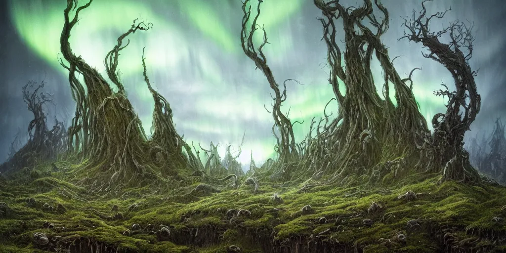 Image similar to evil eldritch lovecraftian scenery landscape, lord of the rings, aurora borealis, mist, monoliths, tentacles, fungal growths, moss highly detailed, bleak color, perfect lighting, perfect composition, 8 k, brian froud, artgerm, derek zabrocki, greg rutkowski