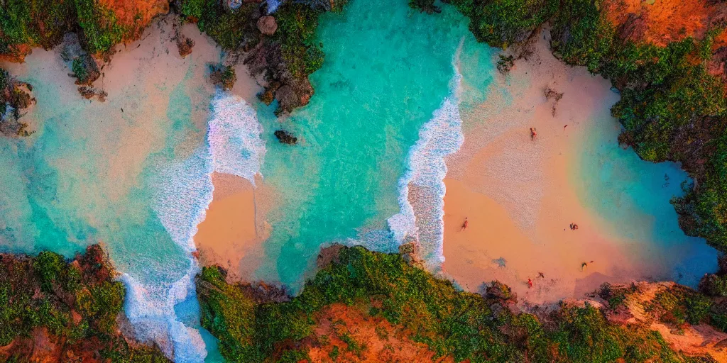 Image similar to a beach between two valley, sun set, digital art, highly detailed, drone wide shot