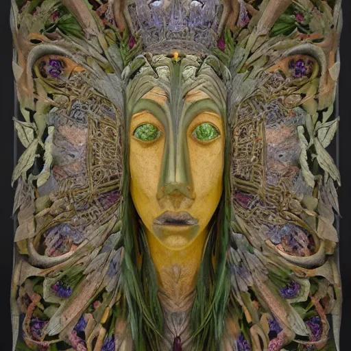 Image similar to sculpture of facemask made of flowers, by annie swynnerton and jean delville and edward hopper and evelyn de morgan and rufino tamayo and diego rivera, art deco flower shaman, art brut, outsider art, symbolist, dramatic lighting, god rays, elaborate geometric ornament, clean crisp graphics, smooth sharp focus, extremely detailed, adolf wolfli