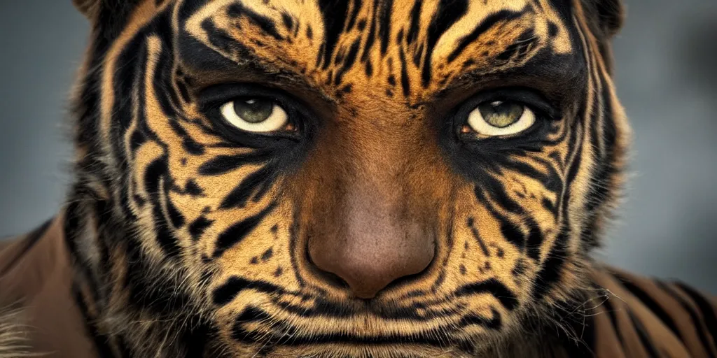 Image similar to vast desert, fierce looking dark - skinned tribal warrior with tiger eyes, close up