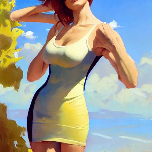 Image similar to greg manchess painting of tracer wearing a skintight dress in a beach, medium shot, organic painting, sunny day, bold shapes, hard edges, street art, trending on artstation, by huang guangjian and gil elvgren and sachin teng and artgerm and greg rutkowski and alphonse mucha