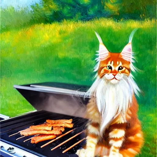 Image similar to beautiful impressionist painting of an ginger maine coon with a white beard cooking a bbq outside