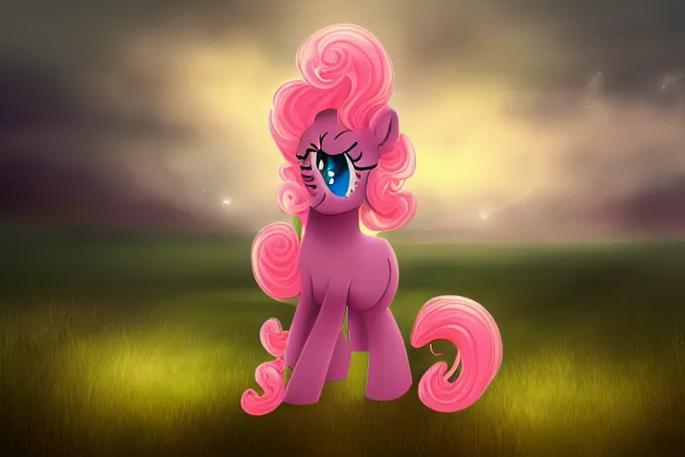 Image similar to Pinkie Pie sitting down viewed from behind, gazing off into the horizon, professional equine photography and mood lighting, flowing mane and tail, relaxed expression, subtle fog, fireflies, realistic digital art, 4k