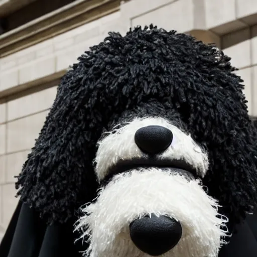 Image similar to a closeup photorealistic illustration of a smiling knitted bernedoodle judge dog dressed in a black gown, presiding over the courthouse. this 4 k hd image is trending on artstation, featured on behance, well - rendered, extra crisp, features intricate detail, epic composition and the style of unreal engine.