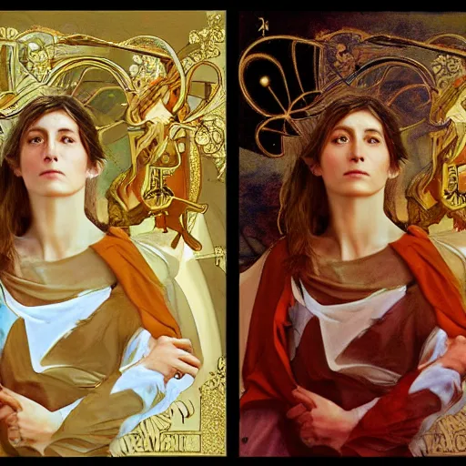 Image similar to portrait of charlotte gainsbourg as joan of arc, hyperreal digital painting, iconography influenced by alphonse mucha and eugene delacroix, arstation and deviantart trends, high resolution 8 k