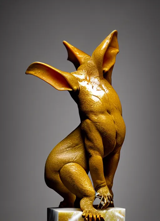 Image similar to marble statue of a vampire bat, cracks filled with gold, beautiful studio lighting