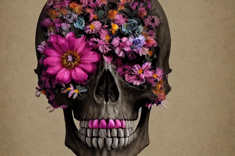 Image similar to human skull made entirely from flowers with flowes in its eyes, artstation, illustration, hd, hq, high resolution, high detail, 4 k, 8 k