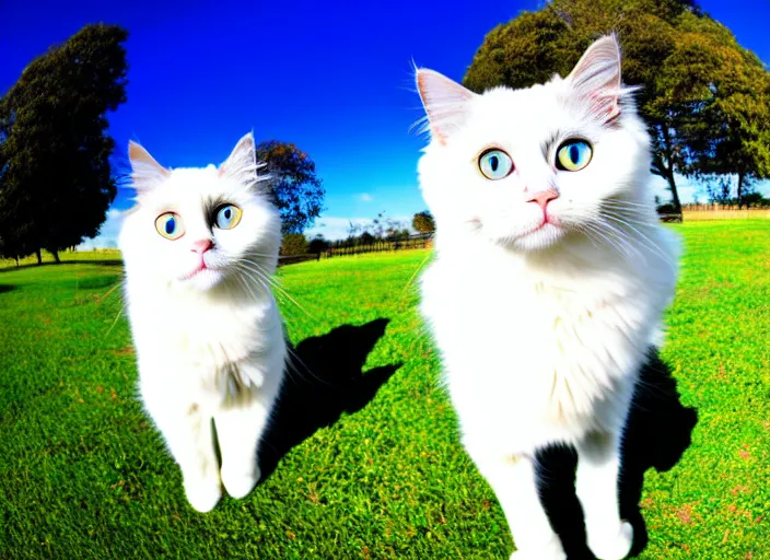 Prompt: a photo of a ragdoll cat wearing a business suit in a sunny field, fisheye lens